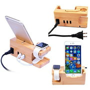 MOOZO Bamboo Wood Desktop 3 USB HUBCharging Dock Station Charge Holder Cradle Stand Compatible iPhone Xs MAX XR X 8 7 6 6S Plus Apple Watch 2 3 4 / iWatch 38mm & 42mm Samsung LG HTC Sony Smartphones