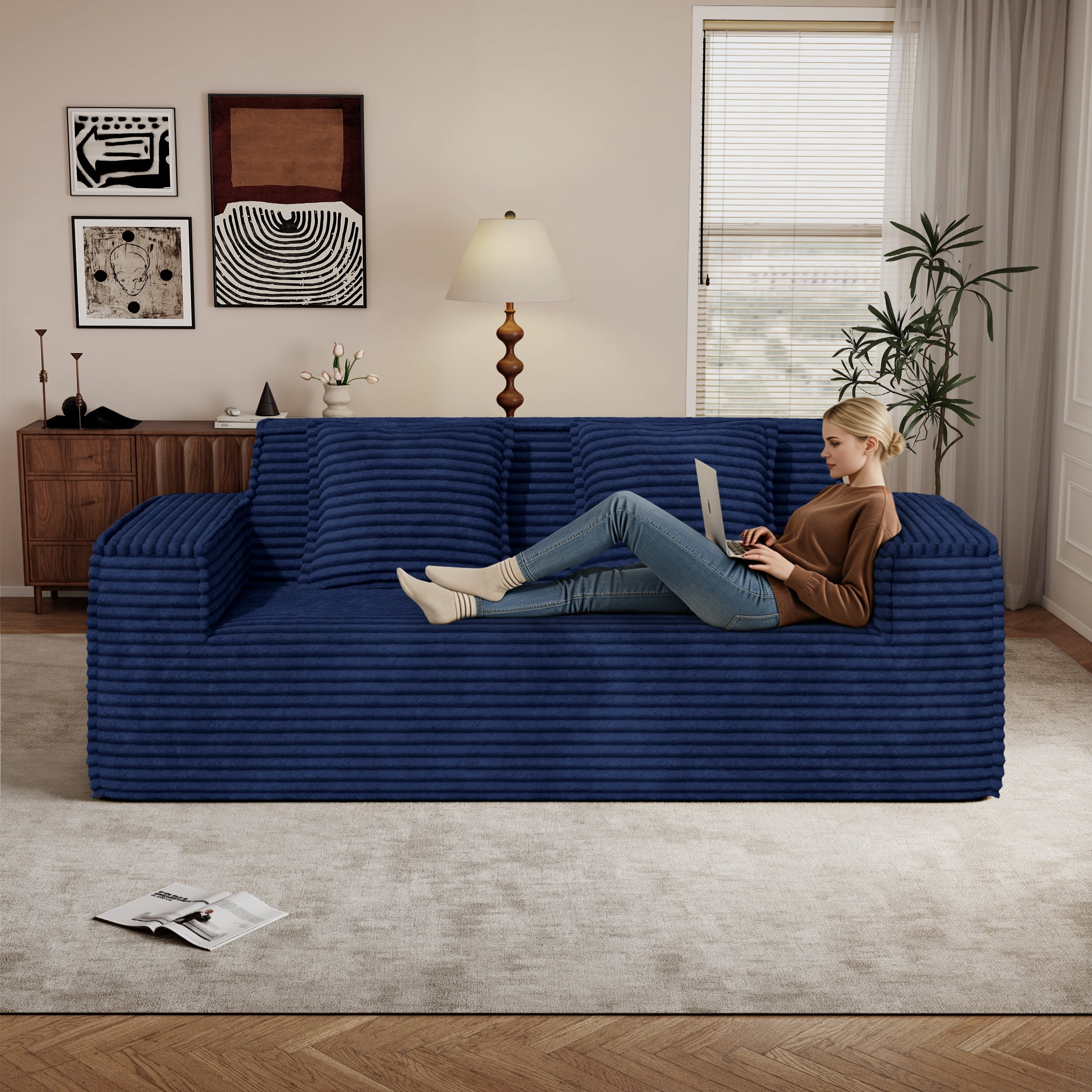 Hawsaiy 75" Corduroy Loveseat Sofa with Wide Armrests & Removable Pillows, No Assembly Foam Couch, Vacuum Packed, High-Density Support,Blue