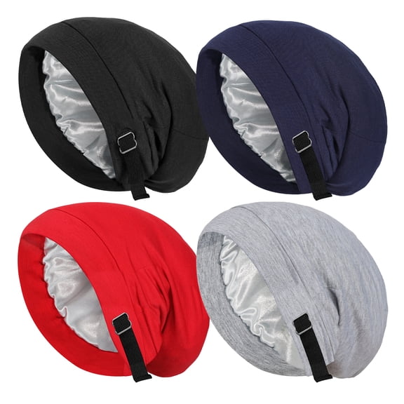 VEGCOO 4PCS Satin Lined Sleep Bonnets – Adjustable Hair Cover for Curly Hair & Braids, Ideal for Nighttime Hair Protection