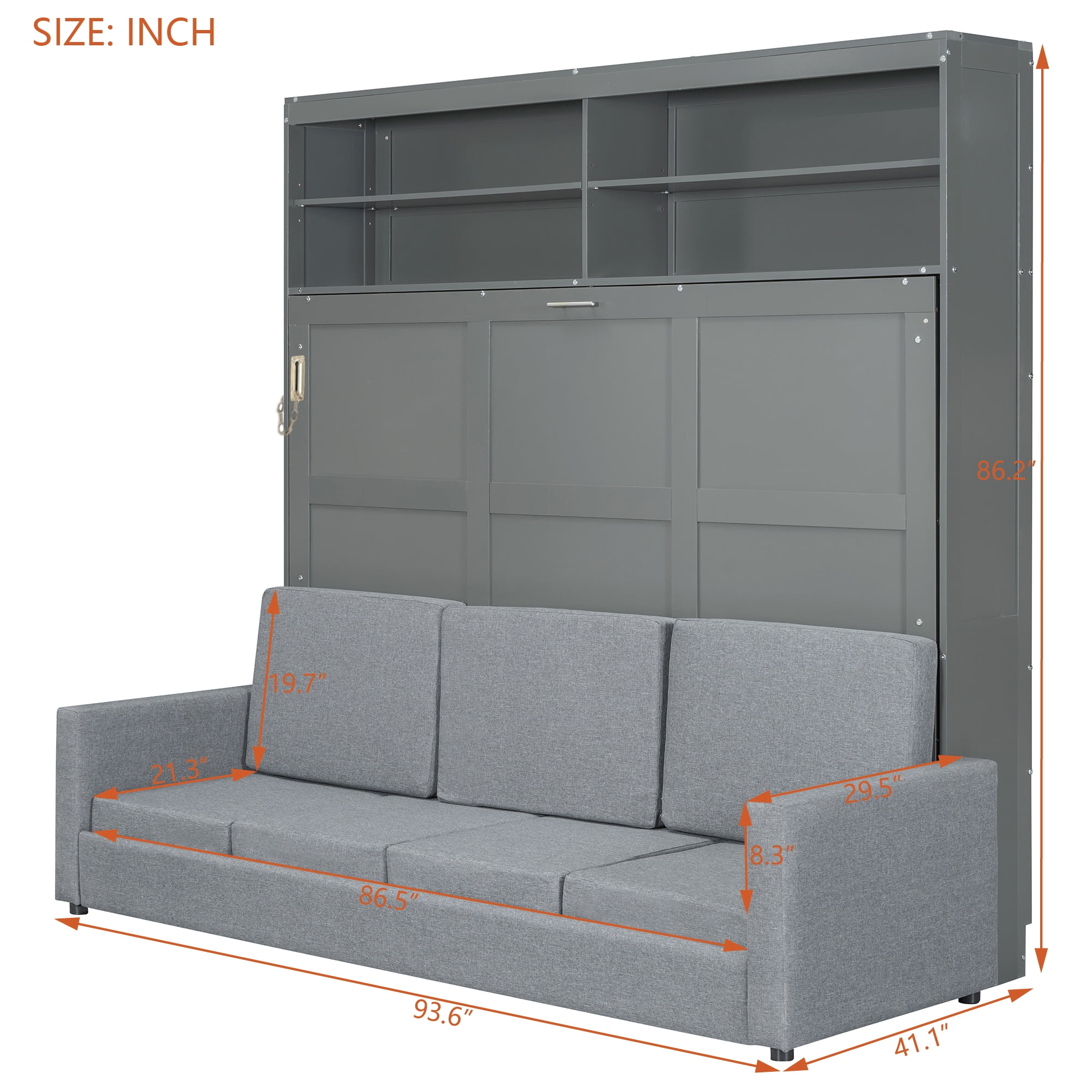 Queen Size Murphy Bed with Sofa and Open Storage Adjustable Shelves for Small Space, Guest Room