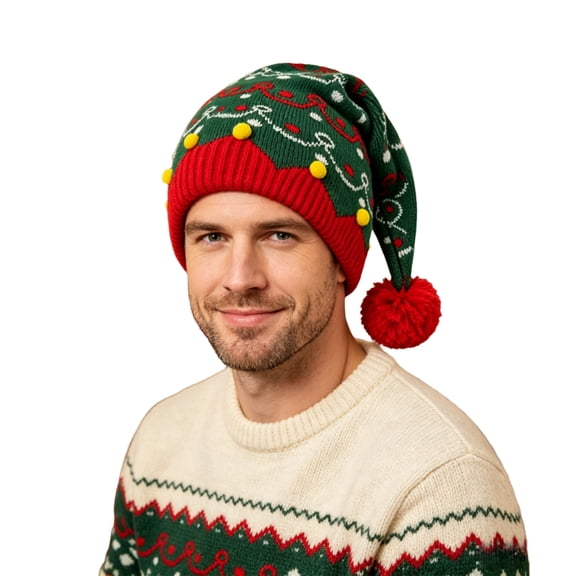 Christmas Elf Hat for Adult, Xmas Knit Santa Beanie Hat with Pom Pom for New Year Festive Holiday Party, Green