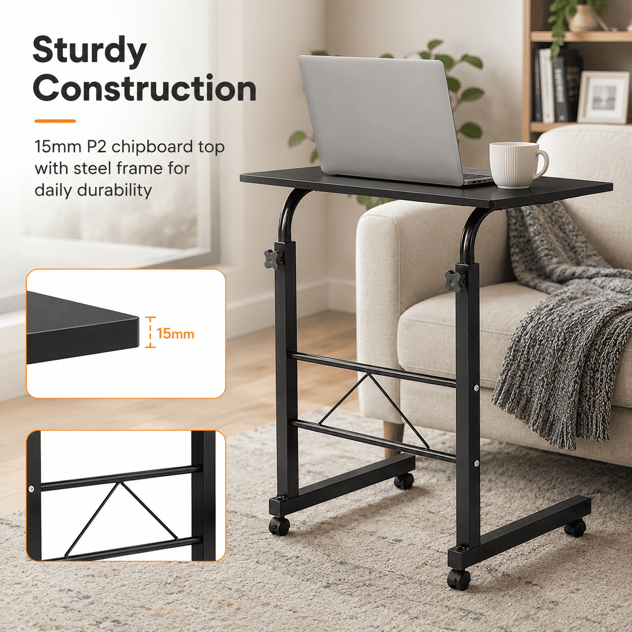 Alvantor Black Adjustable Rolling Laptop Table with Steel Frame