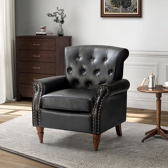 Tina's Home Mid-Century Accent Armchair Wingback with Wooden Tapered Legs & Upholstered Cushion for Home Living Room, Black