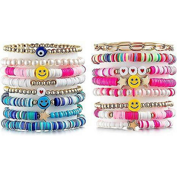 Preppy Heishi Pulseras Set Colorido Oro Blanco Sonrisa Corazón Estrella Mal de Ojo Con Cuentas Arcilla Polimérica Perla Apilable Encanto Y2k Kidcore Verano Playa Bohemio