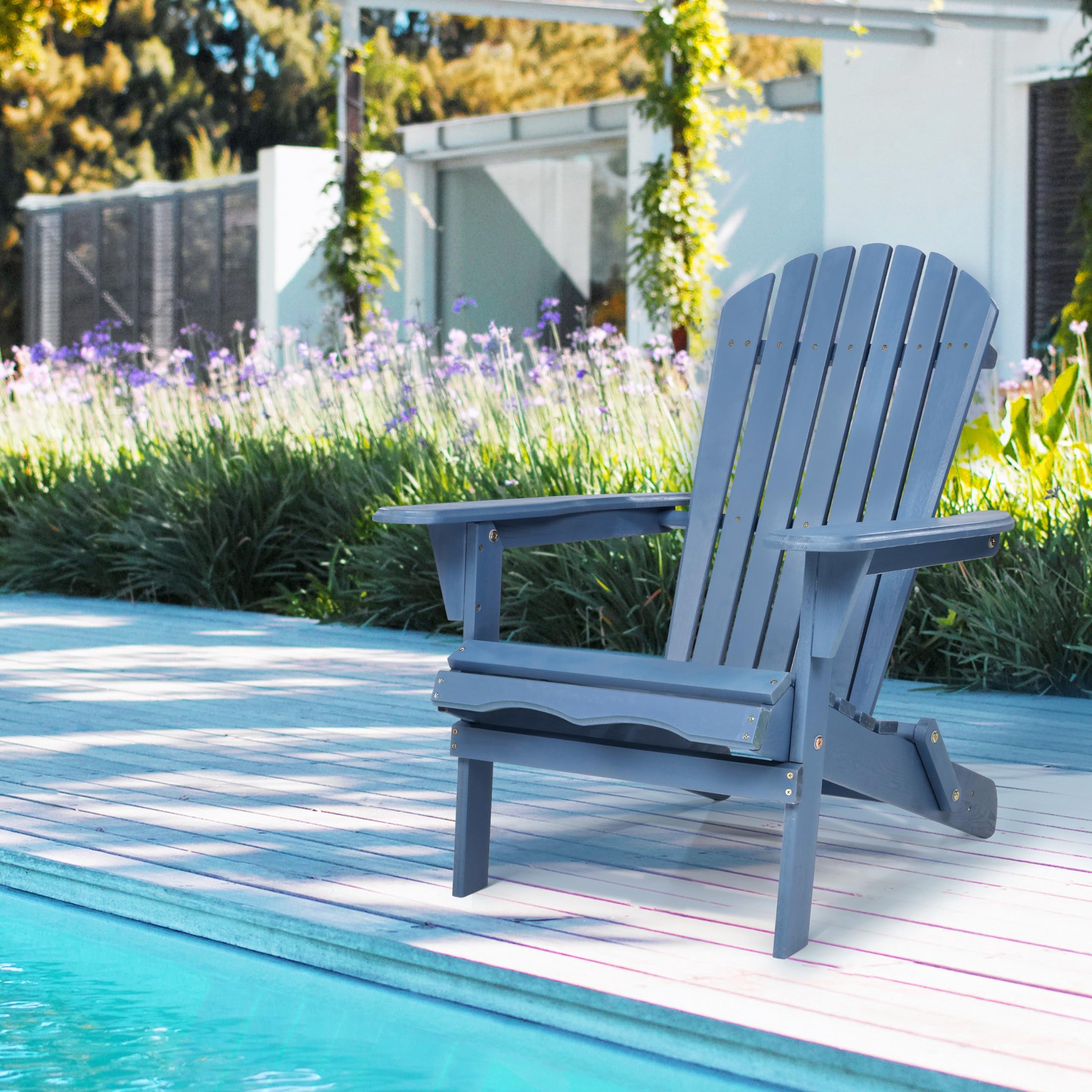 D-road Half Pre-Assembled Folding Adirondack Chair, Outdoor Wood Patio Chair for Backyard/Pool/Beach,Dark Blue