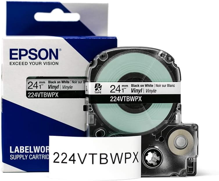 Epson LABELWORKS 224VTBWPX - Black on White Vinyl Label Maker Tape - 1" (24MM) Wide, 22.9'