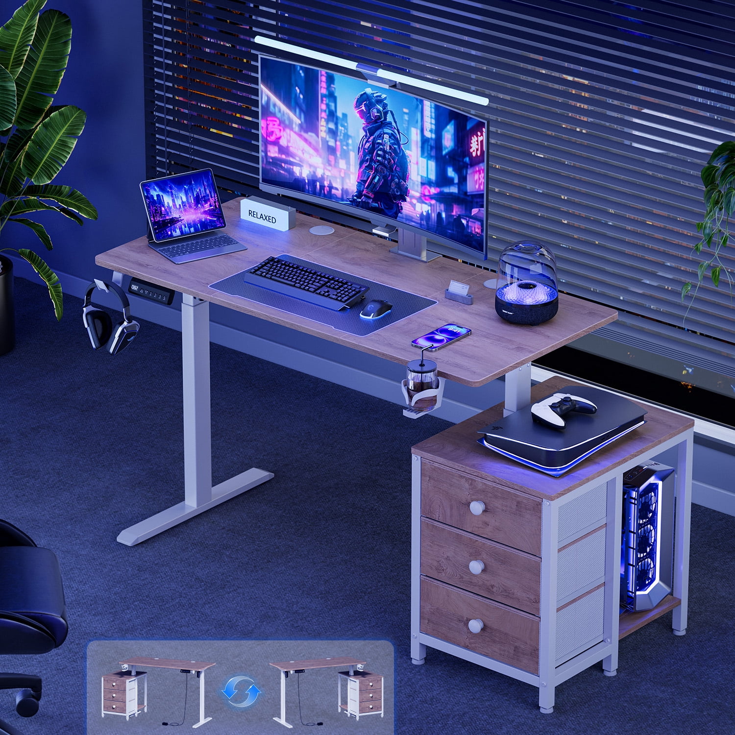 GUNAITO 47.2" Electric Standing Desk with 3-Drawer Cabinet, Adjustable Height Desk with Memory Panel, Office & Gaming Desk，Nutural