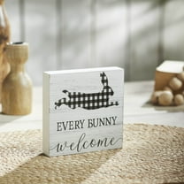 VHC Brands Bunny Hop Every Bunny Welcome Buffalo Check MDF Block Sign 5x5, Spring Decor, Home Decorations for Wall or Door, Spring and Easter Hanging Decoration