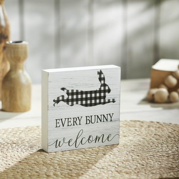 VHC Brands Bunny Hop Every Bunny Welcome Buffalo Check MDF Block Sign 5x5, Spring Decor, Home Decorations for Wall or Door, Spring and Easter Hanging Decoration