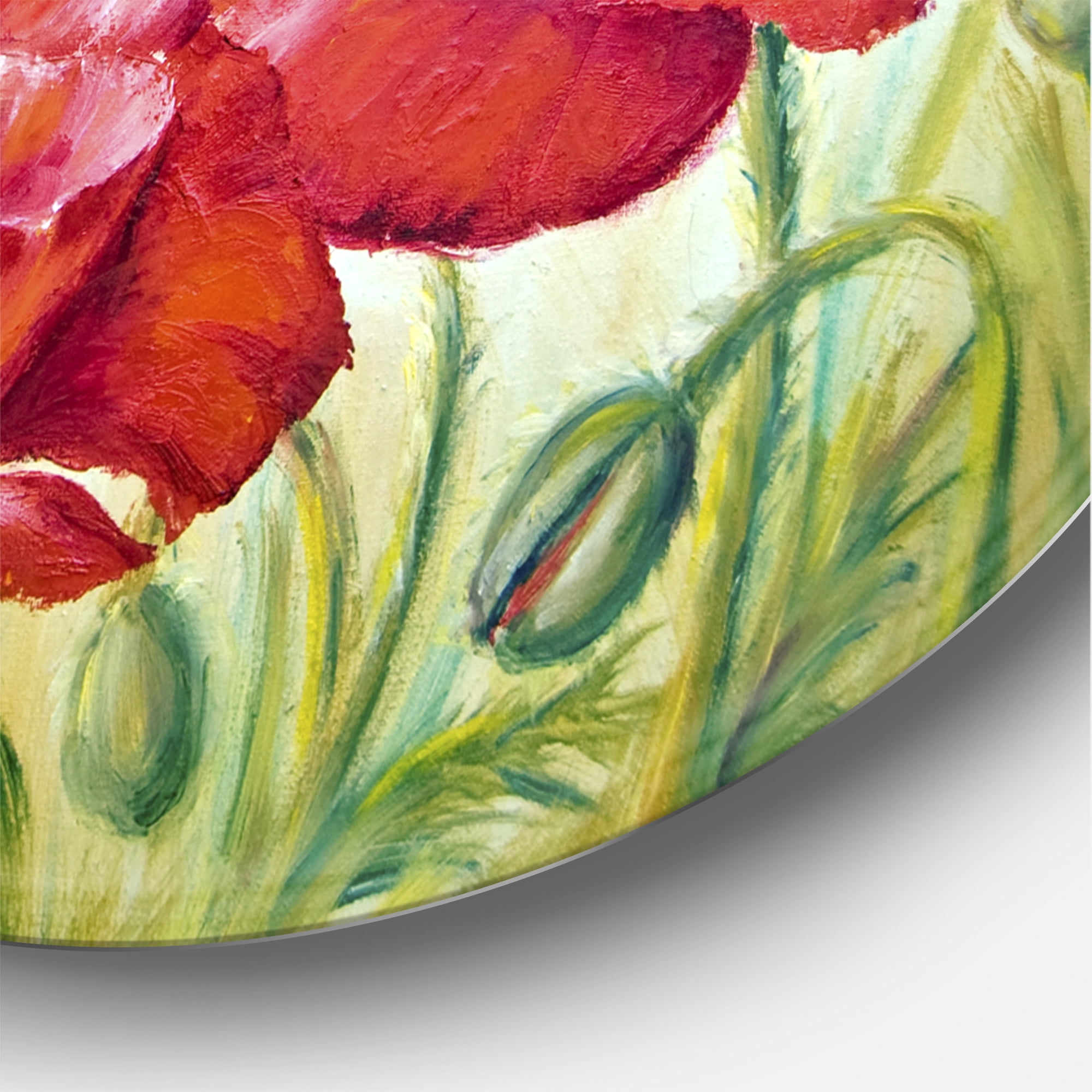 Designart 'Blossoming Red Poppies In The Morning' Traditional Circle Metal Wall Art 29x29 - Disc of 29