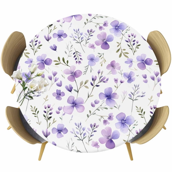 Purple Spring Floral Fitted Tablecloth with Elastic Edged, Round Table Cloth for Dining Table, Pastoral Botanical Watercolor Waterproof Oil Proof Table Cover for Indoor Outdoor 36"-44"