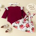 thumbnail image 3 of Infant Girl Summer Fall Clothes Set Flying Sleeve Round Neck Jumpsuit +Flower Print Suspender Skirt + Bow Headband, 3 of 6