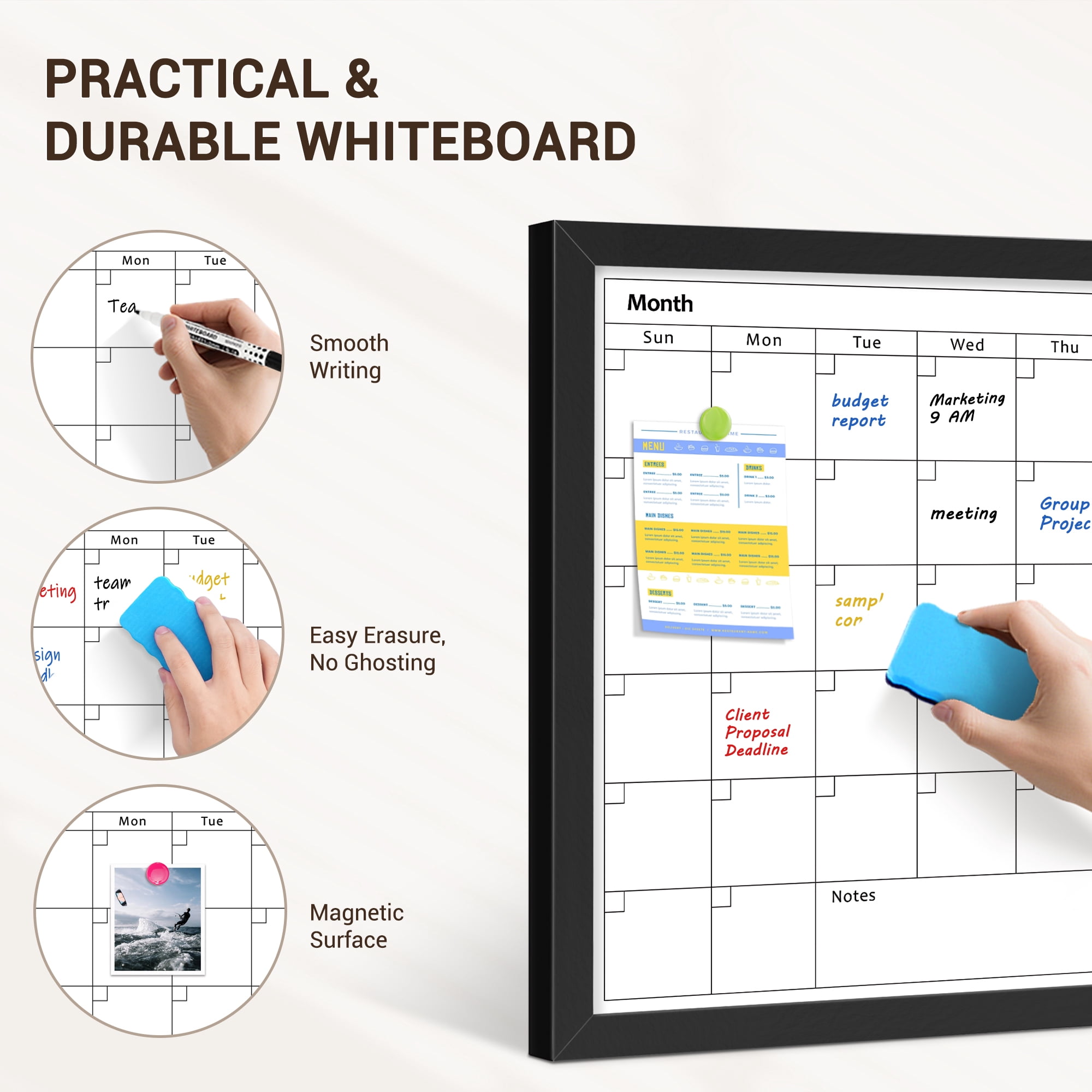 DOLLAR BOSS Calendar White Board Dry Erase Calendar Whiteboard 24" x 18" Wall Mount Magnetic Whiteboard Monthly Whiteboard Calendar for Home Office School Includes 1 Eraser & 4 Markers & 8 Magnets
