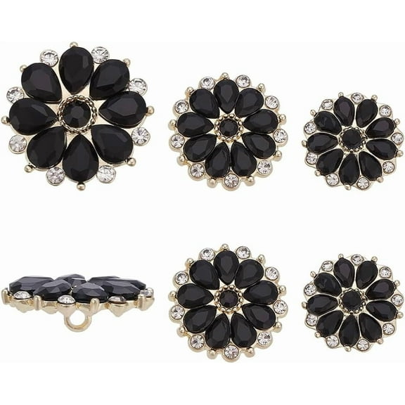 6 PCS Black Rhinestone Buttons with Hole 3 Sizes Reusable Light Gold Alloy Glass Buttons for Sewing Flower Shape Black Rhinestone Embellishment for DIY Clothes Decoration