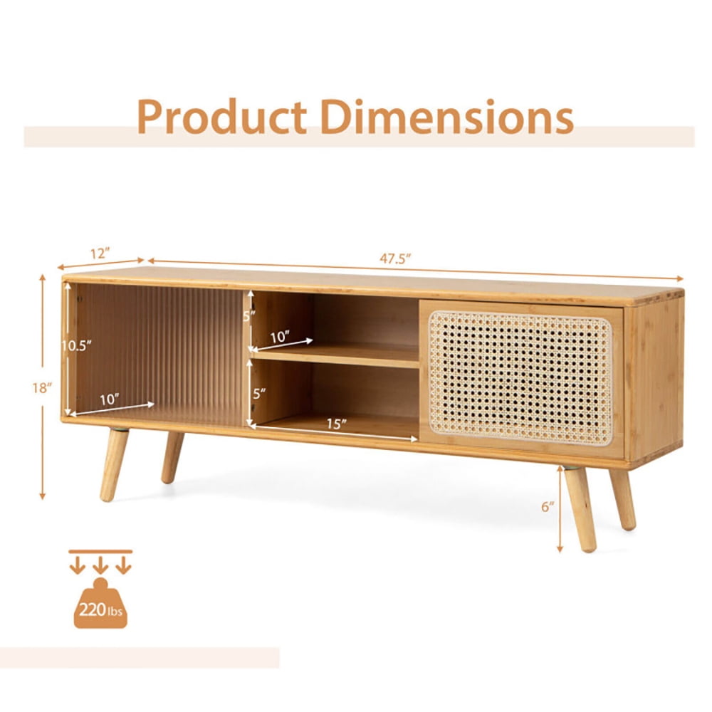 Finihen TV Stand, TV Cabinet, Modern TV Stand with Rattan Glass Sliding Doors, for Living Room, Natural