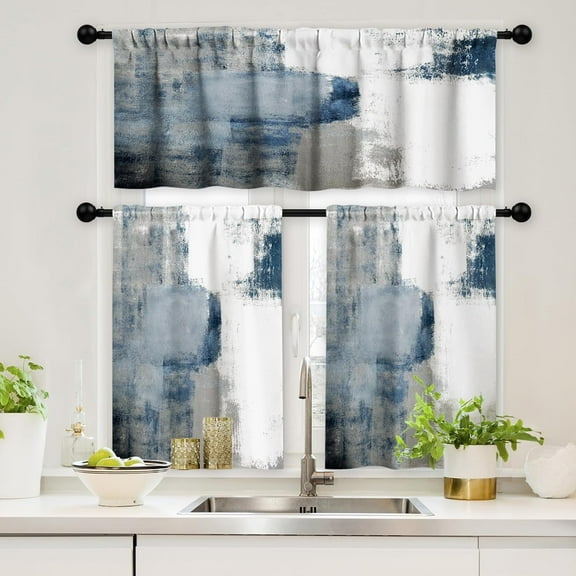 Kitchen Curtains and Valances Set 3 Piece Kitchen Curtains 36 Inch Length Small Kitchen Window Curtains Over Sink Blue Grey Modern Abstract Art Window Treatment Tiers for Window Decor, Blue