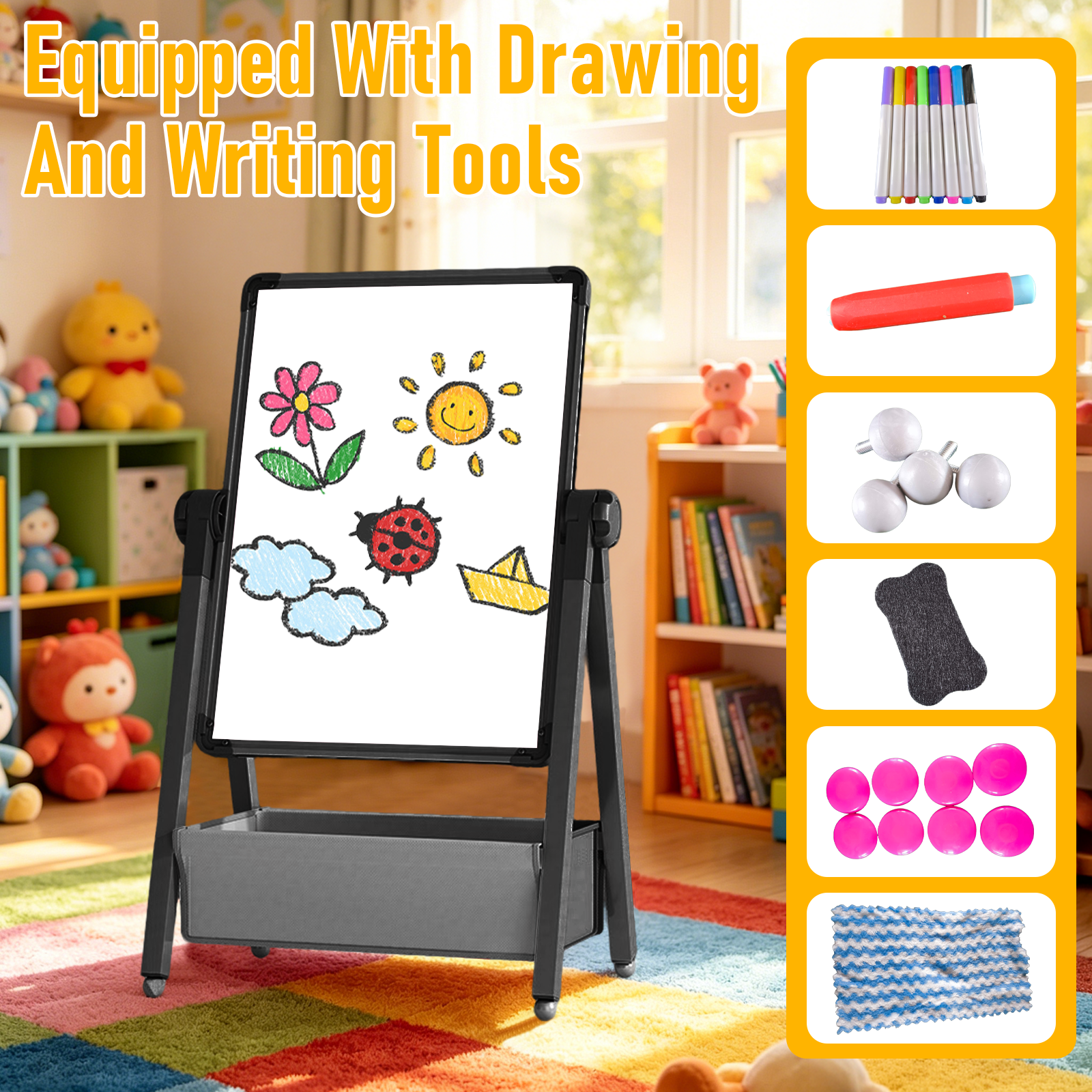 Art Easel for Kids, Double Sided Magnetic Kids Easel, Adjustable 360°Rotating Whiteboard & Chalkboard for Boys and Girls, Black