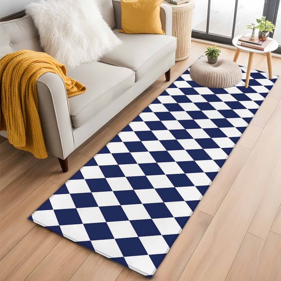 Blue Plaid 2'x6' Runner Rugs for Hallway Kitchen Bedside Non Slip Washable, Modern Minimalist Geometric Gingham Checkered Entryway Rug Runners with Rubber Backing, Long Carpet Runner for Laundry Room