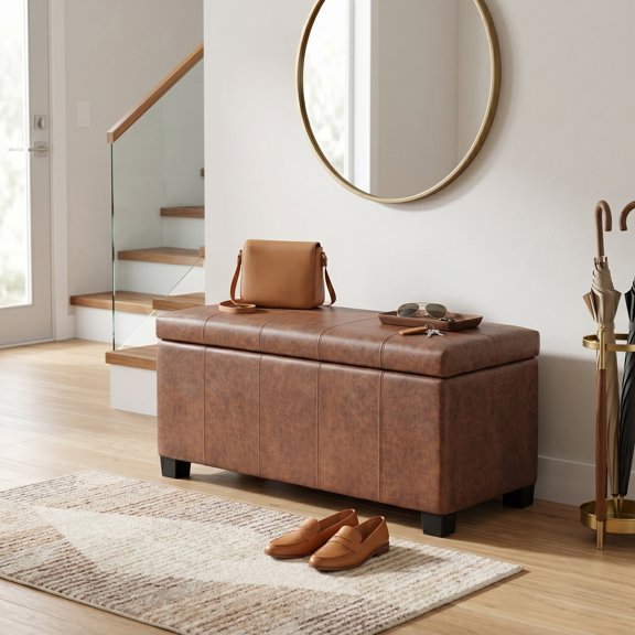 Simpli Home Dover Faux Leather Storage Ottoman Bench in Umber Brown