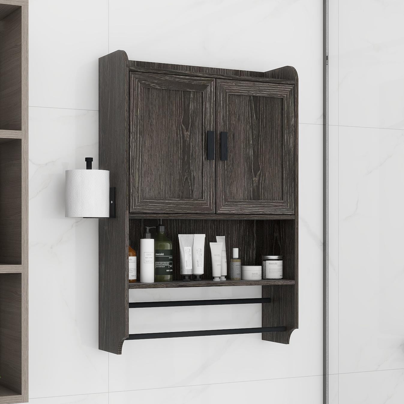 Bathroom Wall Storage Cabinets with Door and Open Shelves,Medicine Cabinet,Steel Pipe Rack for Hanging Towels and Kitchen Utensils for Bathroom,Grey
