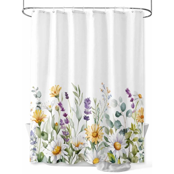 Shower Curtain Spring Floral Bathroom Curtains with Hooks, Waterproof Fabric Green Leaves Daisy Flower Bath Shower Curtains Set for Bathroom Bathtubs Decor 36x72 Inch