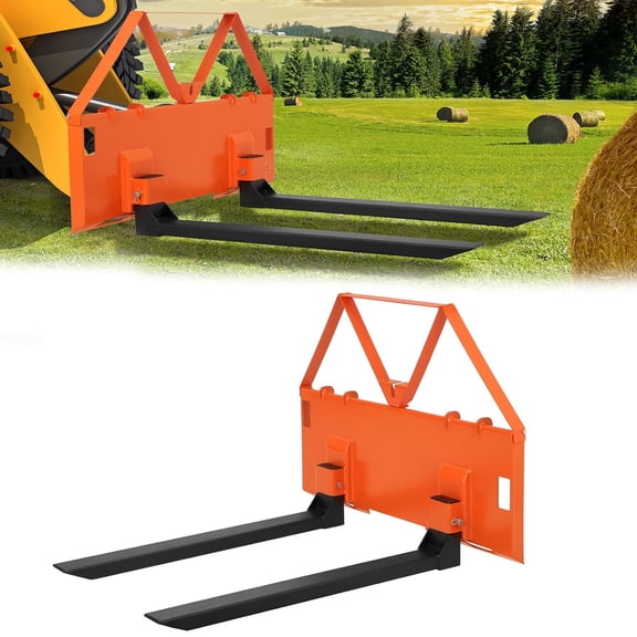 Rugerasy 45Inch Pallet Fork Frame with Quick-Tach Attachment,Capacity for Skid Steers,Tractors & Loaders,Includes 2 Hay Spear Sleeves & Heavy-Duty Fork Blades,3,200 Lb,Orange