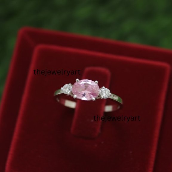 thejewelryart Oval Lab Grown Pink Sapphire Halo Ring, 925 Sterling Silver Ring, CZ Diamond Accents, Art Deco Handmade Jewelry Silver 3