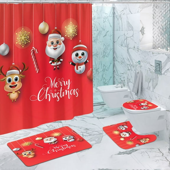 AuroraX Washable Shower Curtain Set,Red Waterproof Christmas 72x72 Inch Bathroom Curtain with 3 Floor Mats,Home Farmhouse Bathroom Christmas Decor