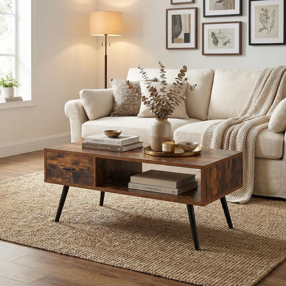 Barara King Coffee Table, Modern Sofa Table Tea Table,Retro Rectangular Coffee Table with Drawer and Storage Shelf-Rustic Brown