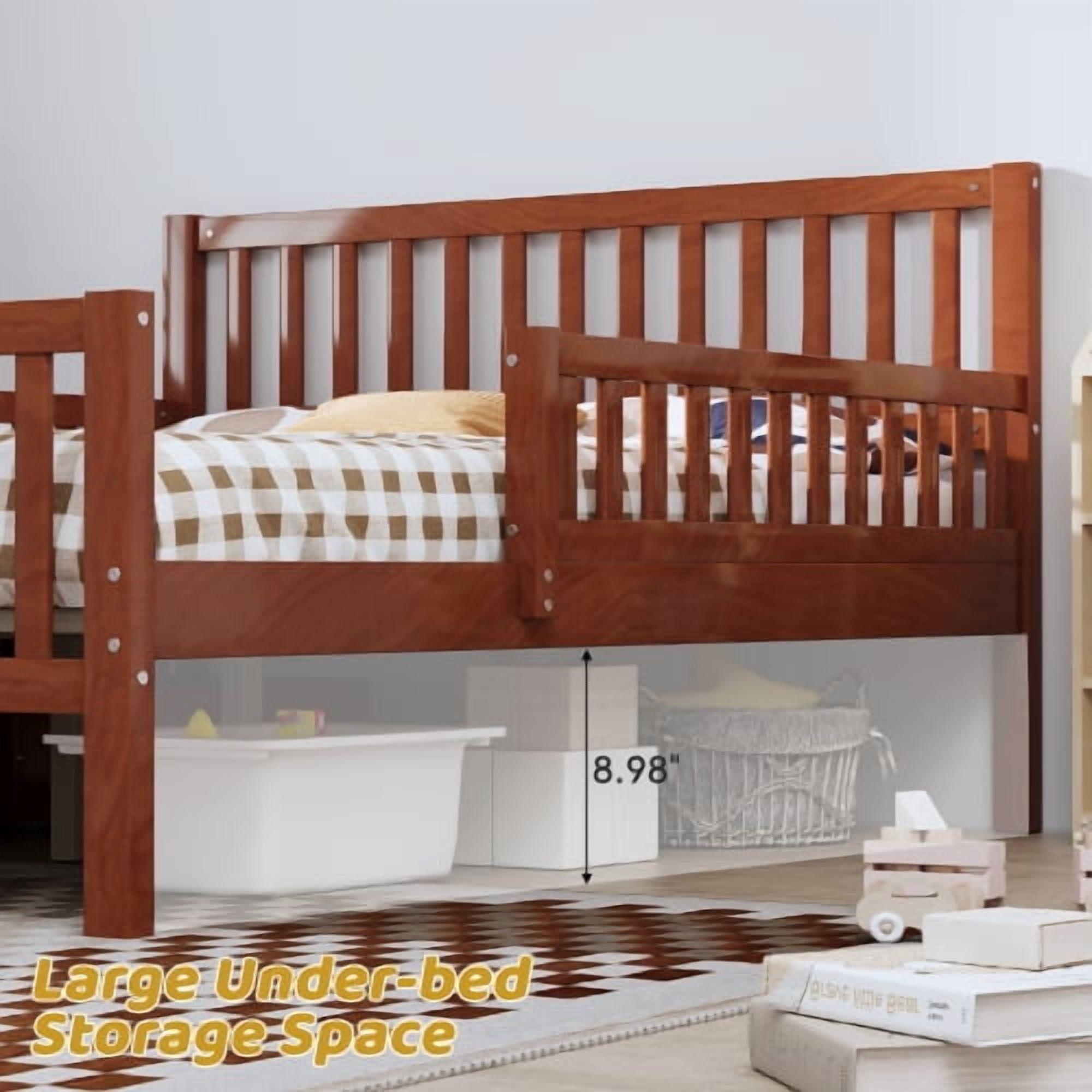 Euroco Wood Twin Size Platform Bed with Guardrails and Drawers for Kids Teens Toddlers, Walnut