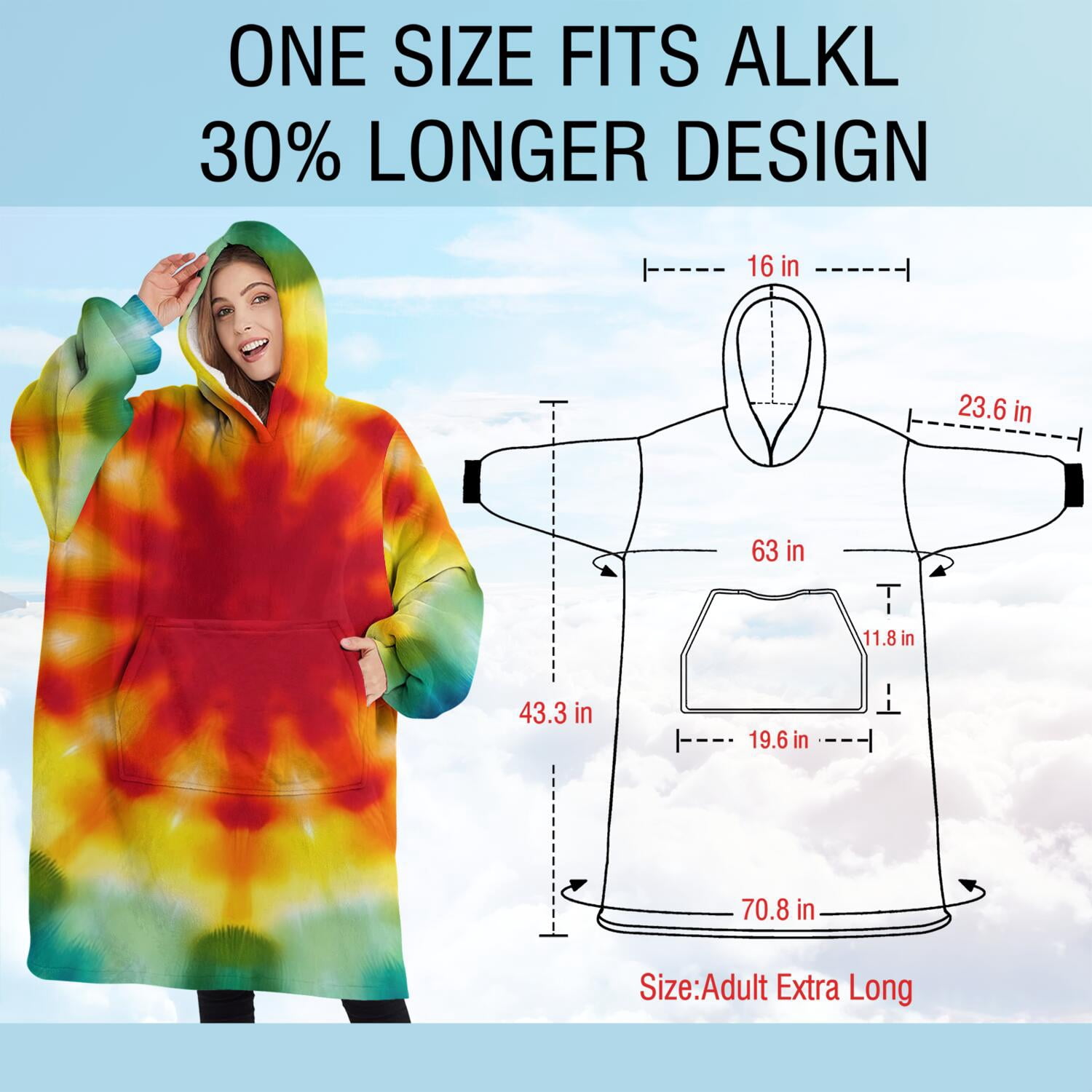 Oversized Wearable Blanket Hoodie,Tie Dye Soft Petal Ring Pattern Sherpa Blanket Hoodie with Super Pockets,Super Warm Fuzzy Pullover for Women & Men