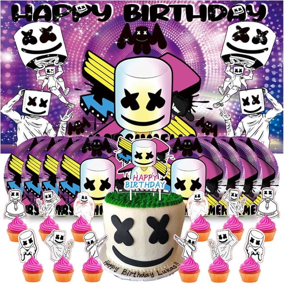 DJ Marshmello Plates Birthday Supplies Decorations Decor Backdrop Banner Cake Topper Fans