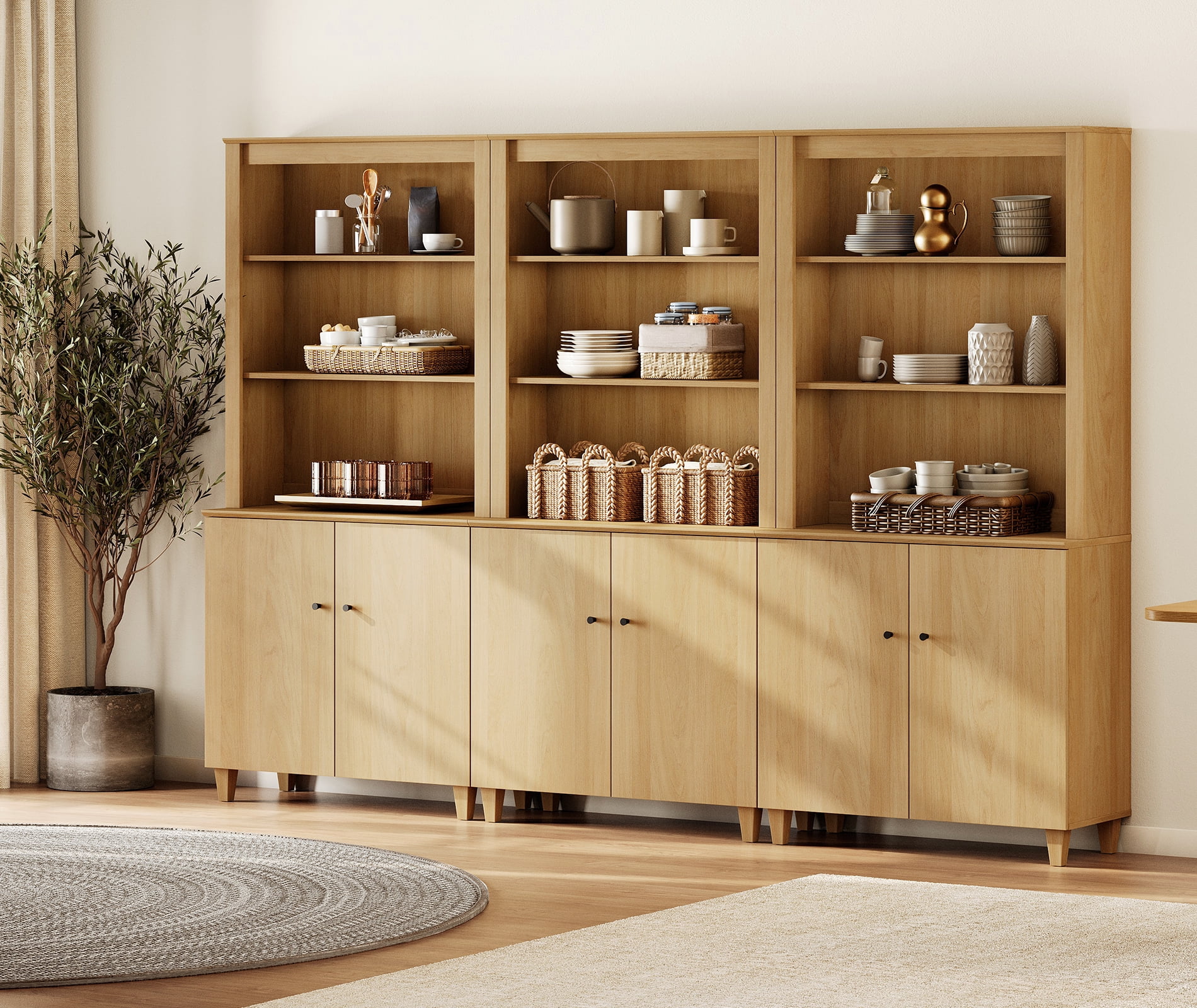 WAMPAT Modern 71" Tall Pantry Cabinet with Doors and Adjustable Shelves for Dining Room, 3-Column 5-Tier, Oak Wood