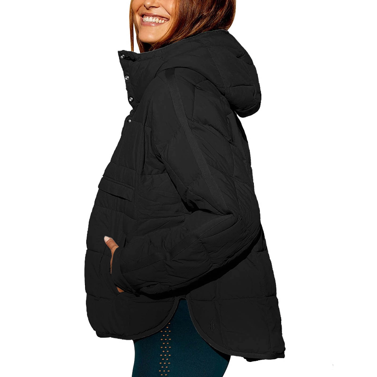 GEWSEY Quilted Puffer Jacket Womens with Hood Packable Pullover Jacket Lightweight Oversized Winter Warm Padded Coats (Black, M)