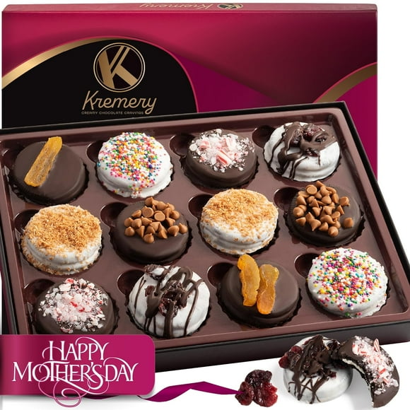 Kremery Creamy Chocolate Cravings - Mothers Day Chocolate Covered Oreo Sandwich Cookies Gift Basket, Assorted Candy Toppings (12 Count) Birthday Care Package - Kosher Usa Made