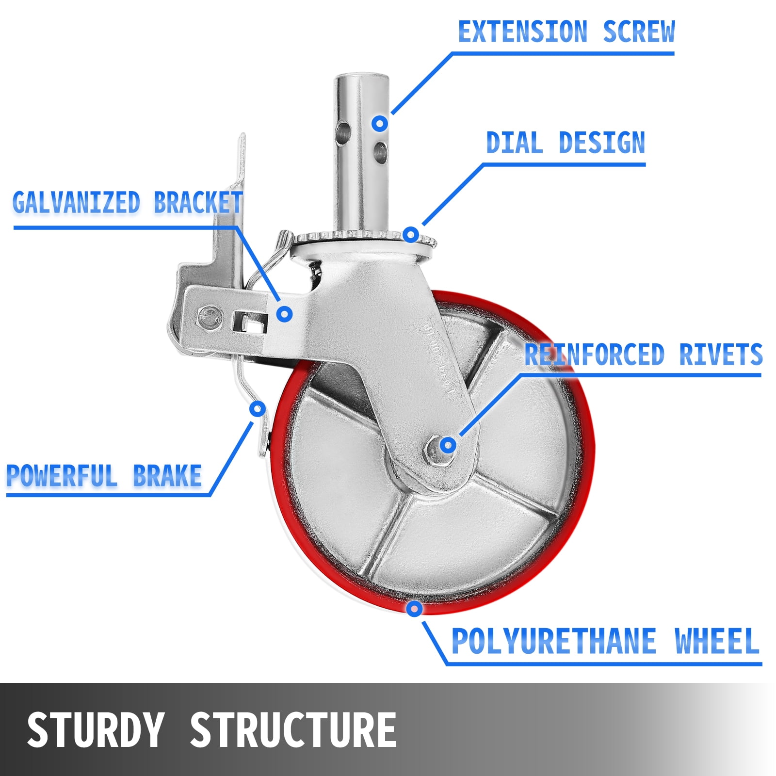 VEVOR 4 Pack 8" Scaffold Casters, Casters Wheels Set, Heavy Duty 4400LBS Per Set- Locking Stem Casters with Brake, Red