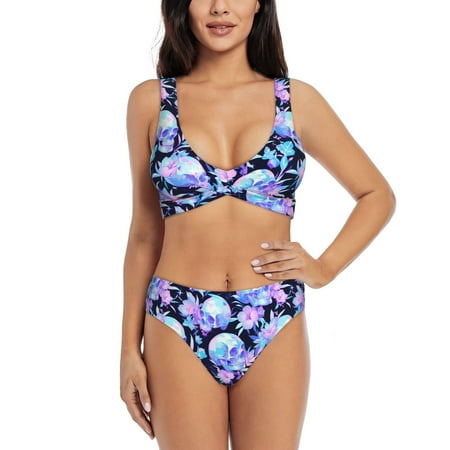 Zeuib flower Skull star High Waisted Tummy Control Bikini Set - Knot Front Push Up Top & Cheeky Thong Bottom  Two-Piece Swimsuit for Women-X-Large
