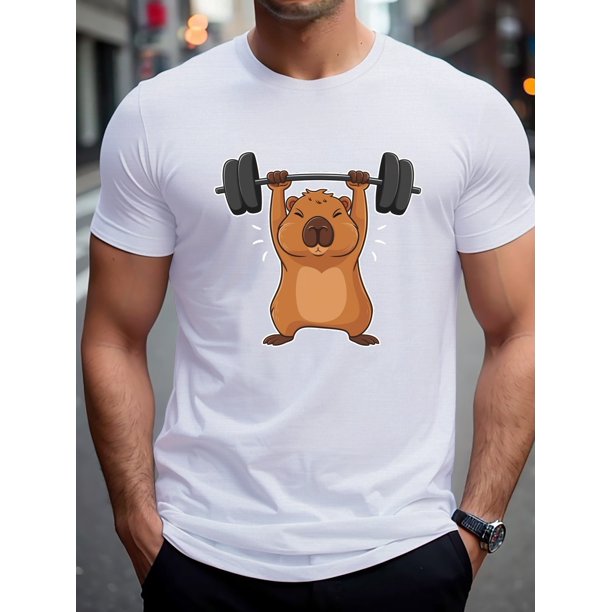 Camiseta informal de cuello redondo para hombre, 100 % poliéster, corte regular, manga corta, con estampado geométrico de capibara para levantamiento de pesas, ideal para verano y gimnasio.