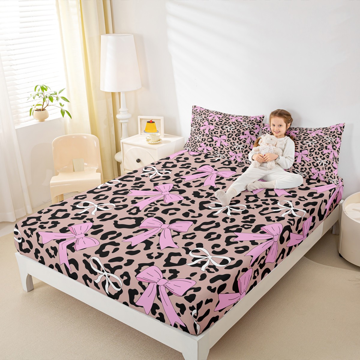 Homewish Cute Cartoon Bowtie Queen Sheet Sets,Leopard Print Flat Sheet,Brown Pink Queen Fitted Sheet For Girls,Microfiber Bedroom Decor,4 Pieces