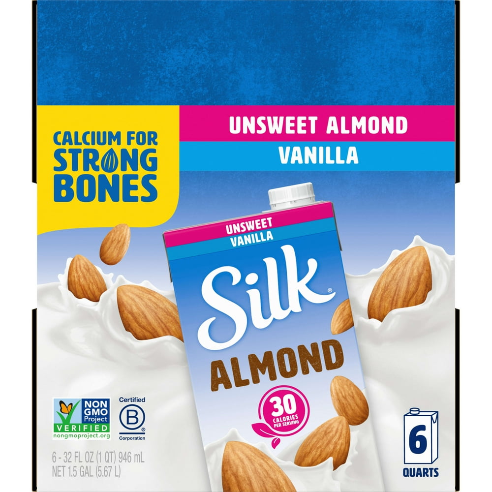(Pack of 6) Silk ShelfStable Unsweetened Vanilla Almond Milk, 1 Quart