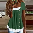 thumbnail image 2 of QLEICOM Women's Casual Short Sleeve Henley Crewneck Loose Fit Pleated Tunic Shirt Blouse Tops Fake Two Pieces Pleated Button T-Shirt Green S, US Size:4, 2 of 5