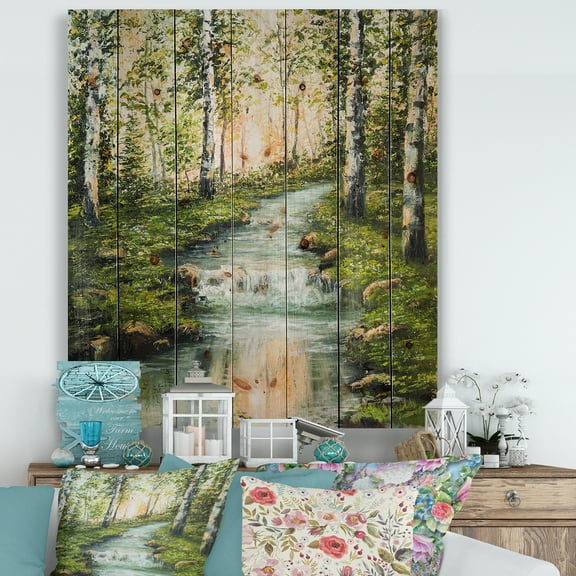 Designart 'River Through Green Birch Forest' Lake House Print on Natural Pine Wood