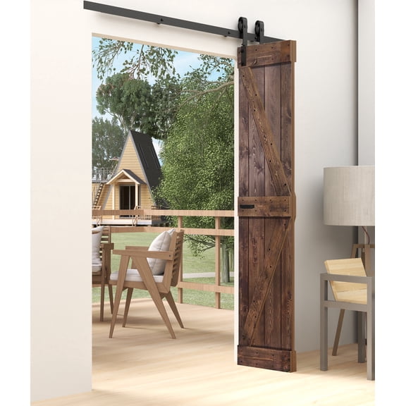 K Style 30 in. x 84 in.(15in x 84in x 2Panels) Dark Walnut Finished Solid Wood Bi-Fold Barn Door with 3.3ft Hardware Kit -Assembly Needed