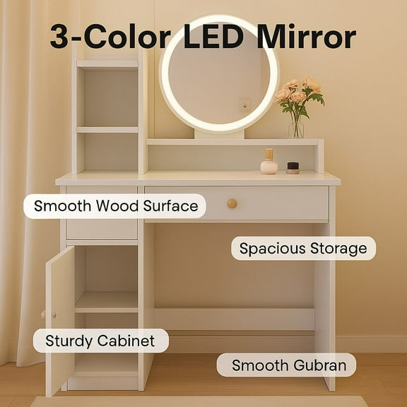 Dressing Table With Lighted Mirror, Makeup Vanity Set With Storage Drawers, Shelves, White Dressing Table With 3 Color Lighting Modes For Bedroom