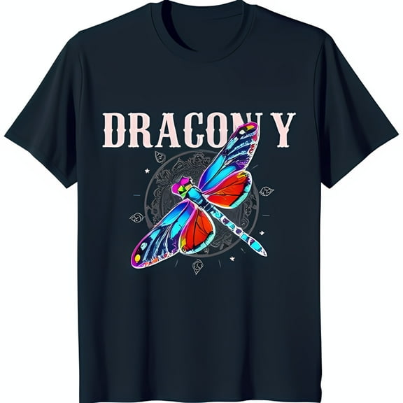Vibrant Dragonfly Graphic on Black T-Shirt Playful 'DRACONY' Design