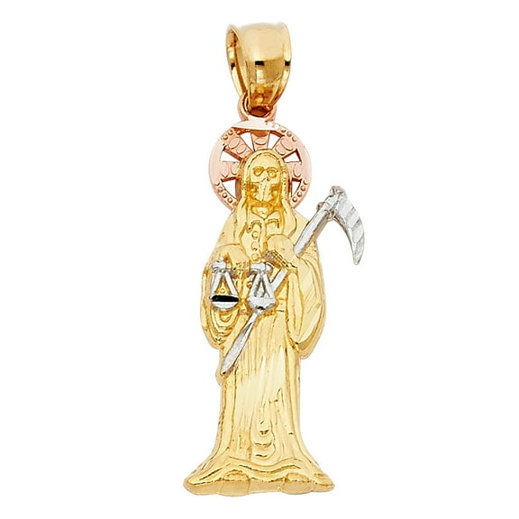 Wellingsale 14K Tri 3 Color Gold Polished Diamond Cut Ornate Santa Muerte Pendant