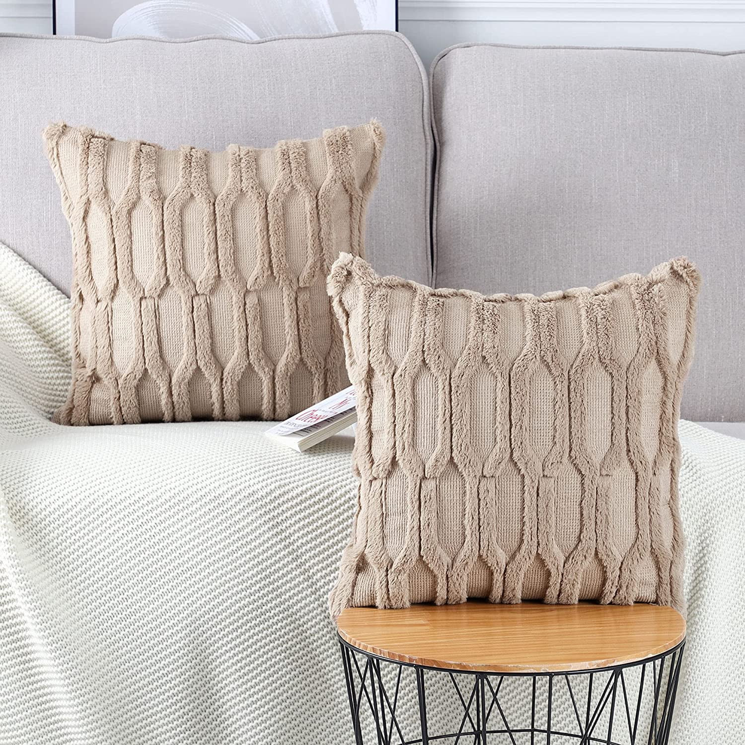 IGUOHAO Pack of 2 Soft Plush Short Wool Velvet Decorative Throw Pillow Covers Luxury Style Cushion Case Pillow Shell for Sofa Bedroom Square White 20x20 inch Khaki 18 x 18 Inch Walmart