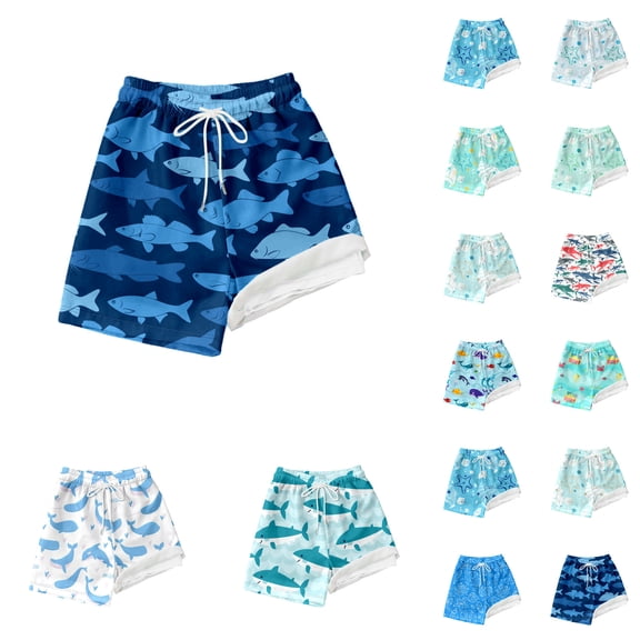 KKBOTIVE Youth Boys Sea Animal Print Swim Trunks with Compression Liner Boys Bathing Suit for Kids Swimsuits Quick Drying Kids Board Shorts ( Sky Blue Size: 5-6 Years )