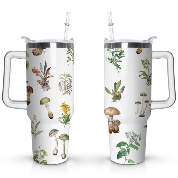 40oz Colorful Botanical Mushroom Stainless Steel Flip Straw Tumbler Spill Proof Travel Cup Double Wall Vacuum Insulated Coffee Mug with Top Handle