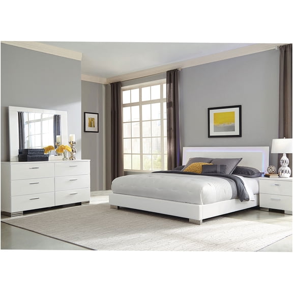 JERFIT Queen Size Bedroom Set with LED Headboard, 4-Piece Modern High Gloss White Bed Set with Dresser, Mirror & Nightstand